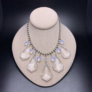Clear Glass or Crystal Teardrop Moonstone Look Bib Statement Necklace Signed MMW